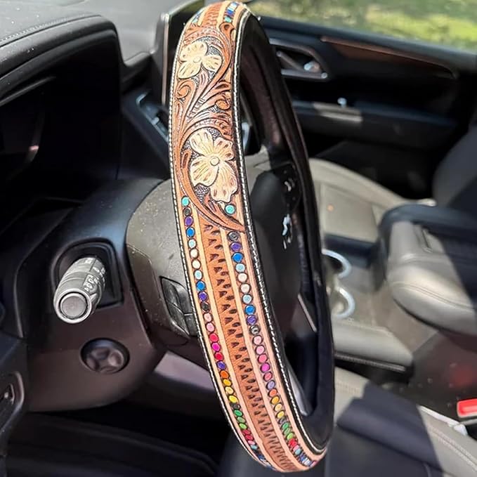 Retro Western Cowboy Car Universal Steering Wheel Cover – Western Steering Wheel Cover for Men & Women - 15 Inch Embossed Leather Anti-Slip Grip–Universal Fit for Truck, SUV, Car (B)