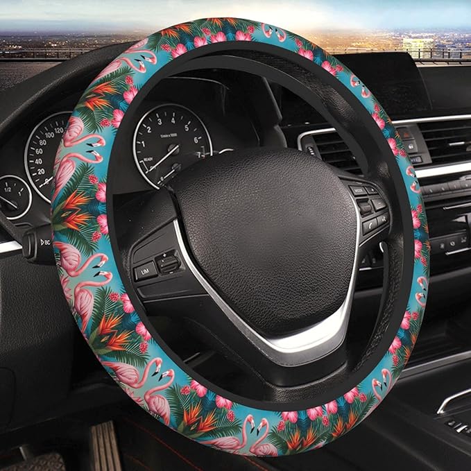 Flamingos Flower Palm Car Steering Wheel Cover, 15 Inch Steering Wheel Cover Stylish Decor for Most Cars