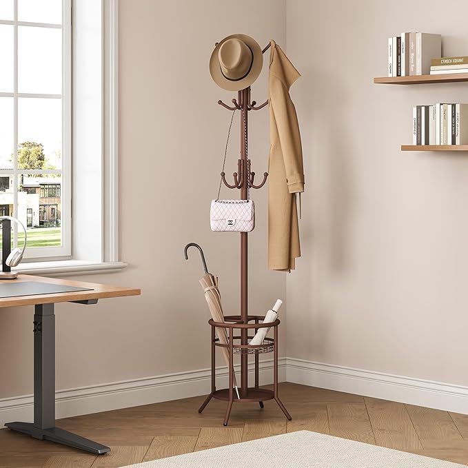 ELYKEN Coat Rack Freestanding, Metal Coat Rack Stand with Umbrella Holder, Modern Coat Tree with 12 Hooks, Floor Standing Corner Hall Tree for Entryway Living Room Bedroom Office, Brown