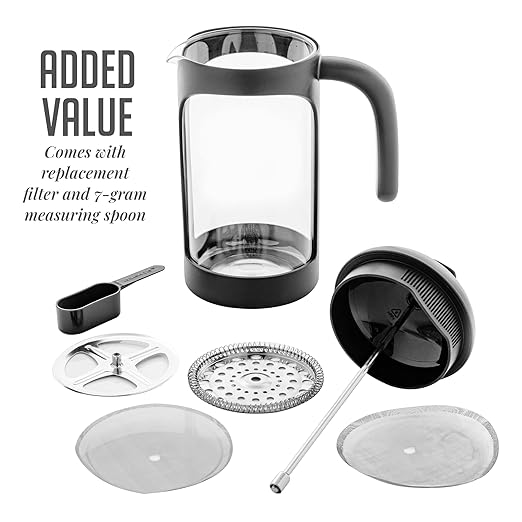OVENTE French Press Coffee Maker 34 Ounce with Heat Resistant Borosilicate Glass & Stainless Steel 4-Level Filtration System, Portable Cold Brew Coffee Maker for Travel, Camping or Gift, Black FPB34B