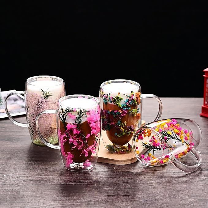 Creative Flowers Double Wall Clear Glass Coffee Mug with Handle, Aesthetic Dried Flowers Coffee Mug, Clear Double Insulated Glass Cup for Hot and Cold Beverages, Cappuccino, (C)