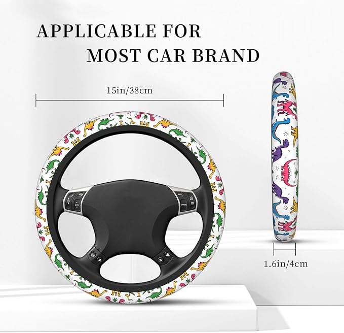 Rainbow Watercolour Dinosaurs Neoprene Steering Wheel Covers Women Men Car Accessories, Universal 15 Inch Fit Auto, Suvs, Truck