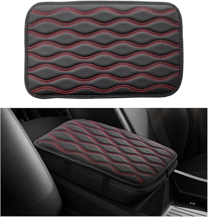 Car Center Console Pad, Waterproof Leather Armrest Seat Box Cover Protector, Non-Slip Middle Console Cushion Pad Interior Decor Fits Most Vehicles, Car Accessories (Black & Red)