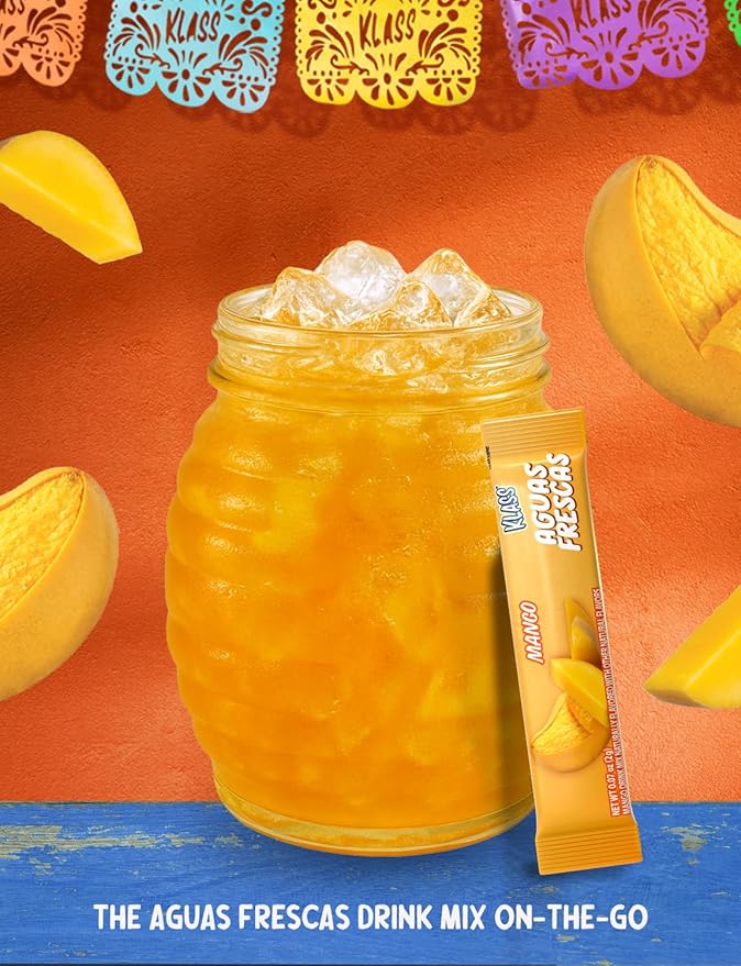 Klass Aguas Frescas, Powdered Drink Mix, 40 Singles Zero Sugar & Caffeine-Free Powder Packets, Water Drink Mix, Flavor: Mango - 5 Calories Per Packet & Natural Flavors