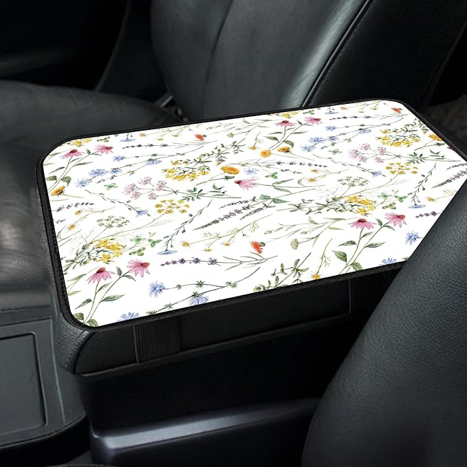 Car Center Console Cover, Universal Soft Large Neoprene Auto Armrest Seat Box Cover, Funny Car Decor Accessories Fit for Most Cars, Vehicles, SUVs Cute Beautiful Wildflowers
