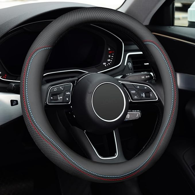 Nappa Premium Leather Steering Wheel Cover, Non-Slip, Breathable, Universal 14.5-15 inch Car Steering Wheel Protector for Women Men, Anti-Slip, Black