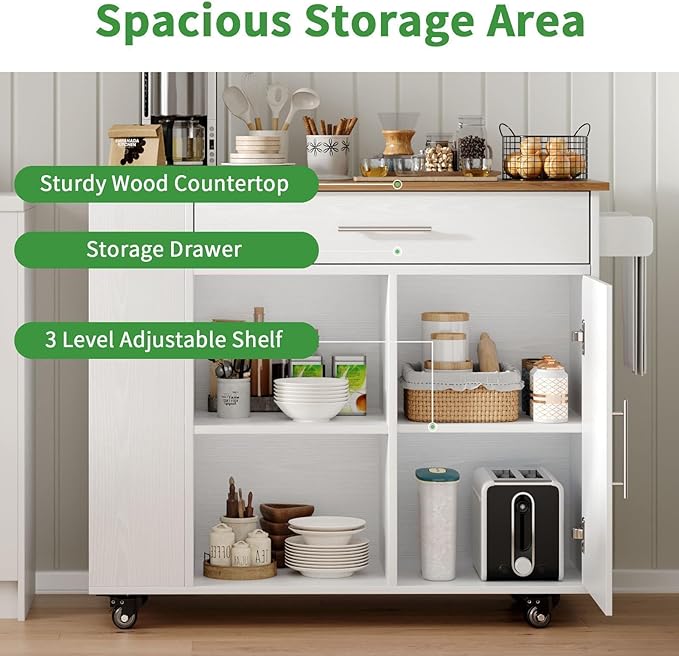 4 EVER WINNER Kitchen Island on Wheels with Storage, Kitchen Island Cart with Storage Cabinet, Spice Rack & Towel Rack & Drawer, Island Table for Kitchen with Open Shelves, White