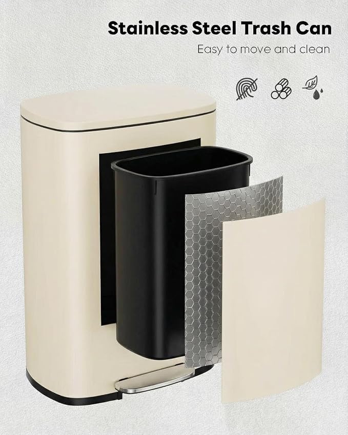 ComfyCorner 13.2+1.3 Gallon Trash Can Combo Set, Stainless Steel Garbage Bin with Pedal, Removable Inner Waste Bucket, Anti-Fingerprint, Soft-Close Locking Lid Dustbin for Kitchen, Bathroom, Office