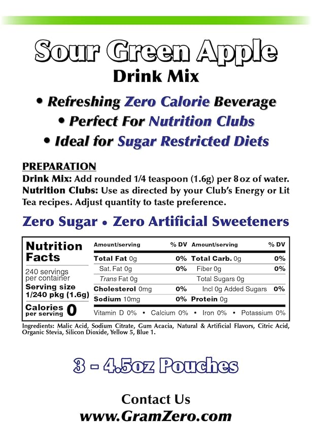 GramZero Sour Green Apple Zero Calorie Sugar Free Drink Mix, Great For Nutrition Club Loaded Tea, Stevia Sweetened