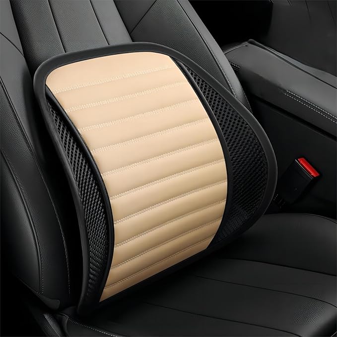 Premium Car Interior Back Support - Versatile Lumbar Cushion for Driver Seat with Breathable Fabric and Adjustable Strap. (2, Beige)