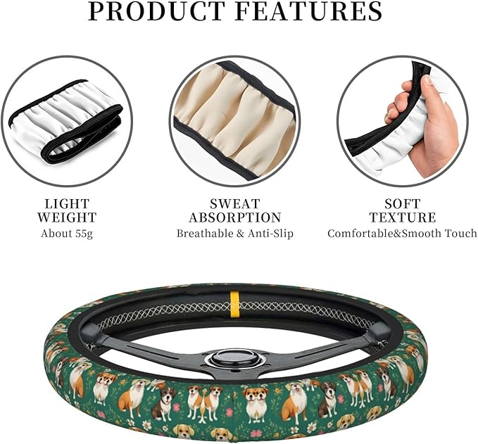 Dogs Flower Pattern Car Steering Wheel Cover, 15 Inch Steering Wheel Cover Stylish Decor for Most Cars