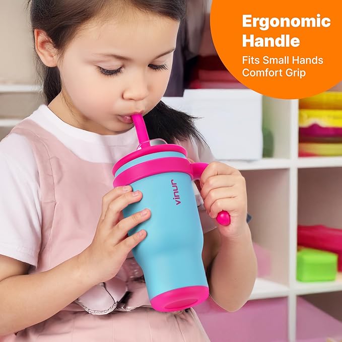 VINUR 17 oz Kids Tumbler with Handle and Straw Lid | 18/8 Stainless Steel Insulated Tumbler Travel Water Mug | Leak Resistant| Cup Holder Friendly, Sky Blue