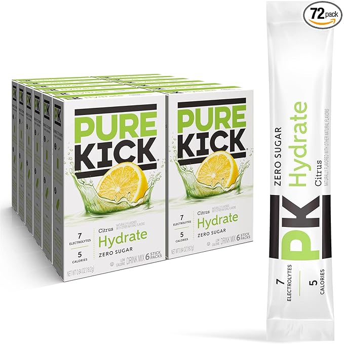 PURE KICK Hydration Singles To Go Drink Mix, Citrus, Includes 12 Boxes with 6 Packets in each Box, 72 Total Packets