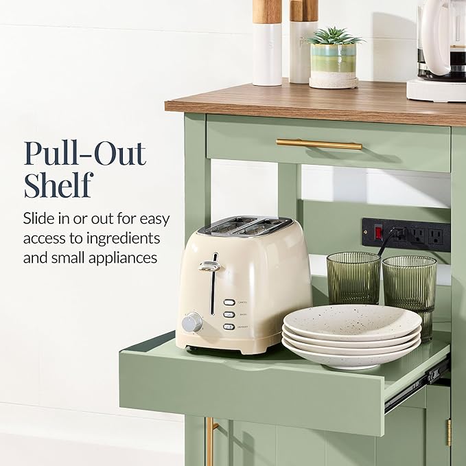 Best Choice Products Rolling Kitchen Island Cart, Single Door Cabinet W/Drawer, Sliding Tray, Outlet, Swivel Lockable Wheels, Hooks, Coffee Cart, Microwave Stand, for Dining Room - Pistachio Green