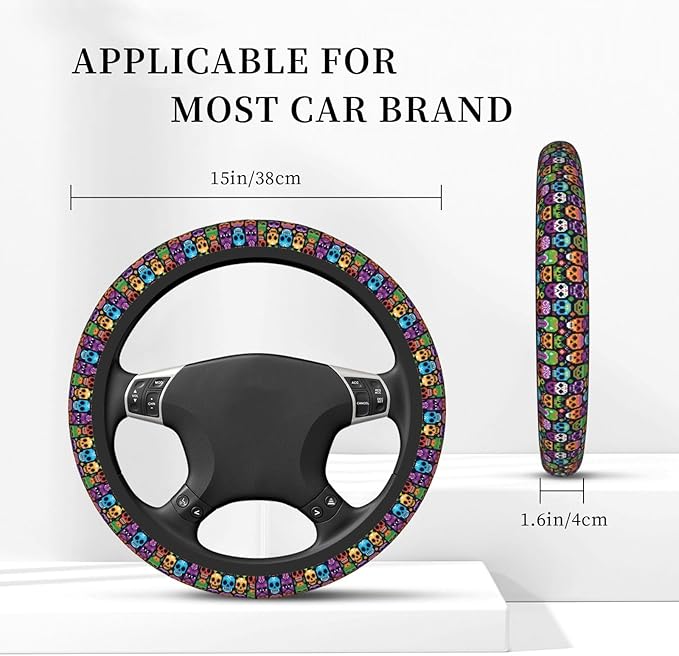 Candy Skull Pattern Universal Fit Steering Wheel Cover for Car, Truck, and SUV, Durable Steering Wheel Protection