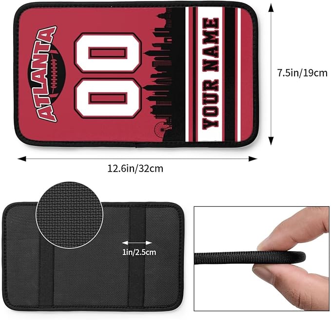 Custom Atlanta Car Armrest Covers Personalized Football Style with Name Number Customized Auto Center Console Pad Car Handrail Box Cushion for Most Vehicle Decor Accessories, Fans Gift