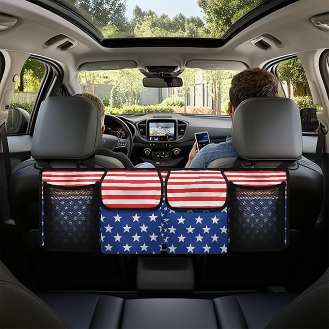 American Flag Car Trunk Organizer, Backseat Hanging Large Storage with Adjustable Straps & 4 Pockets, Waterproof Collapsible Cargo Bag, Car Interior Accessories for SUV, Truck, Van