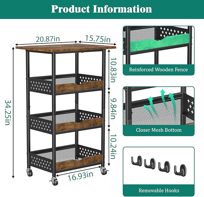 Giwil 4-Tier Rolling Kitchen Cart, Microwave Stand with Wooden Top Coffee Station Table Snack Rack Organizer, Utility Cart on Wheels for Onions Potatoes, Black