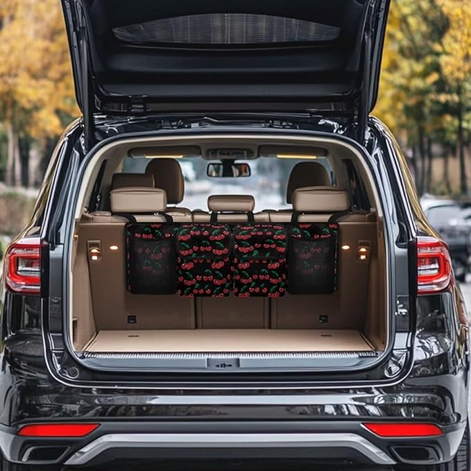 Cherry Car Trunk Organizer, Large Capacity Backseat Trunk Organizer with 4 Pocket, Backseat Hanging Car Storage Organizer Foldable Cargo Storage with Adjustable Straps Universal
