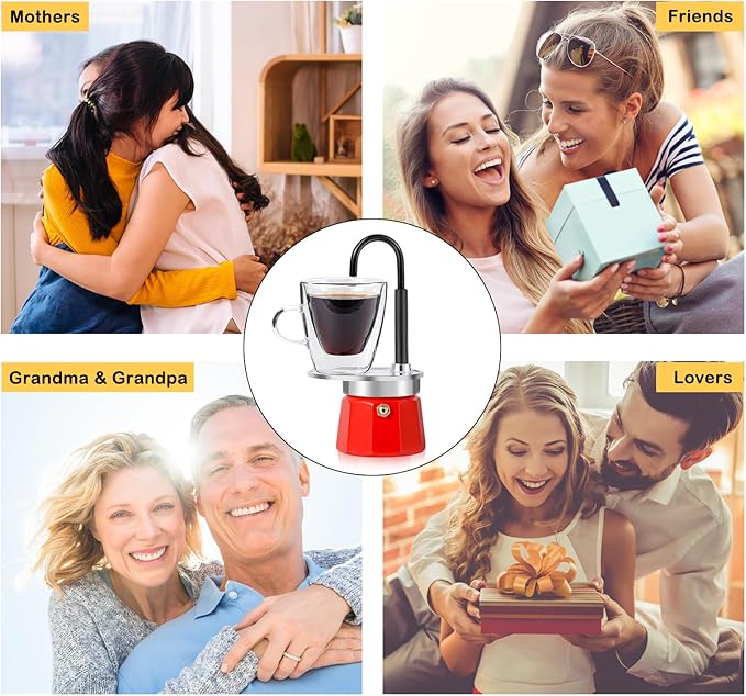 MVPLUE-Mini Express Swiss Single Tube Moka Pot Aluminum Red，Moka Set includes One Double Wall 3oz Cup,Enjoy delicious coffee in no time