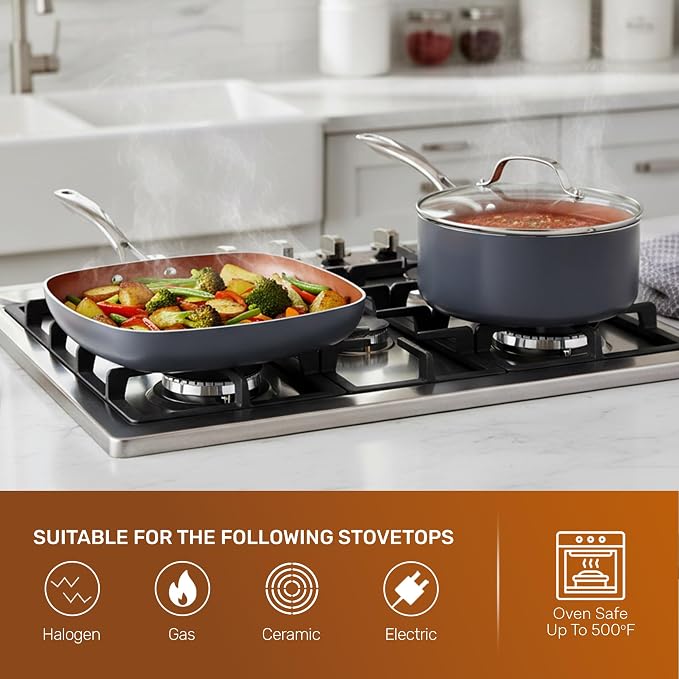 GOTHAM STEEL 20 Pc Ceramic Cookware Set, Copper Pots and Pans Set Non Stick with Bakeware, Cooking Utensils, and Steamer, Oven and Dishwasher Safe