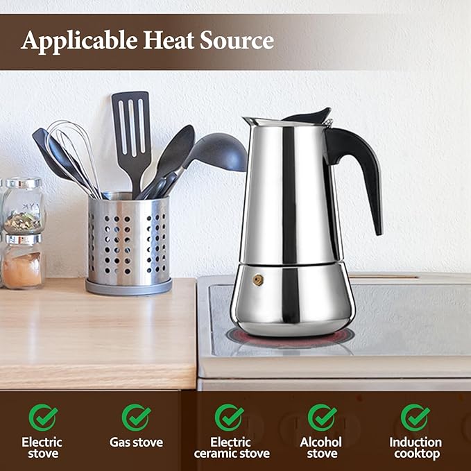 9 Cup Moka Pot Percolator Italian Coffee Maker 450ml Stovetop Espresso Mocha Stainless Steel Greca Coffee Maker Classic Cafe Makers Suitable for Induction Cookers Ceramic Stoves Tummy