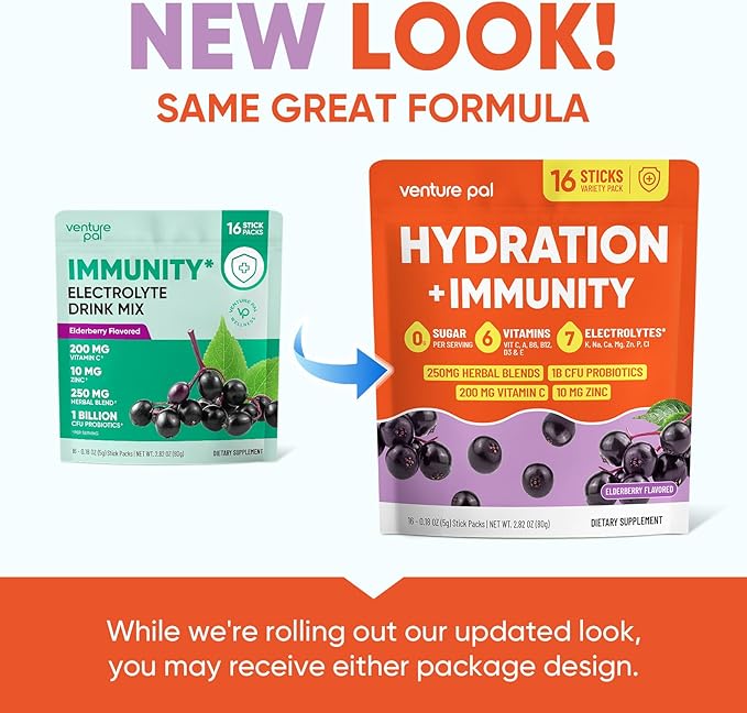 Venture Pal 2-in-1 Hydration + Immune Electrolytes Powder Packets with 7 Electrolytes & 6 Vitamins, Elderberry, Turmeric, Echinacea | Liquid Daily IV Drink Mix | Sugar Free | Keto Friendly, 16 Sticks