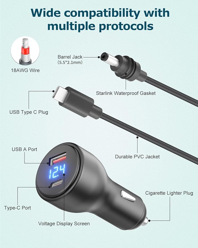 Starlink Mini 12V Adapter Booster 16.4FT, 12V to 20V DC Step Up Converter with 100W, Starlink Mini Car Charger Cigarette Lighter 20V 100W with Voltmeter Supports 23M /75FT USB C to DC Power Cable