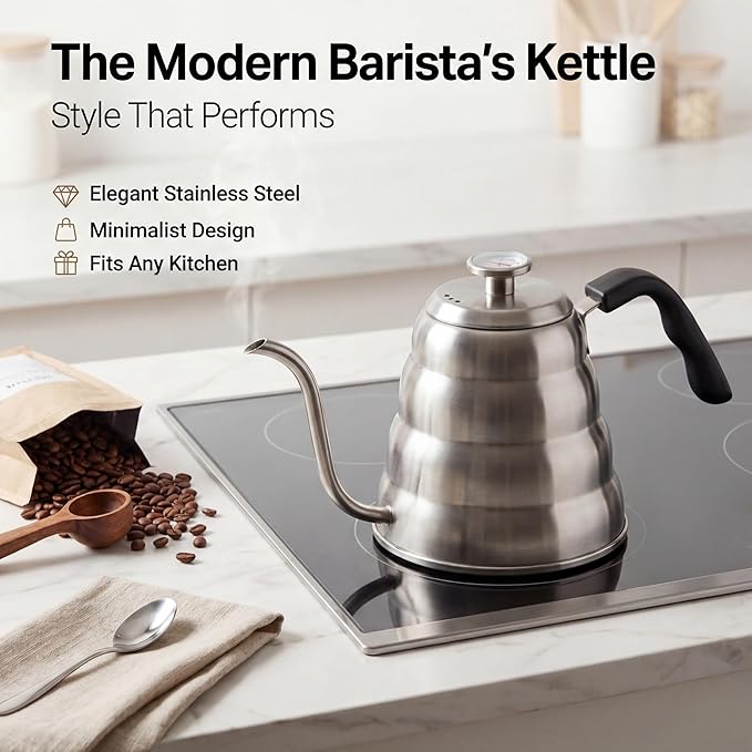 Barista Warrior Gooseneck Kettle for Pour Over Coffee and Tea with Thermometer for Exact Temperature, Precision Pour Drip Spout, Stainless Steel, Compatible with all Stove Tops (1.2 Liter, 40 fl oz)