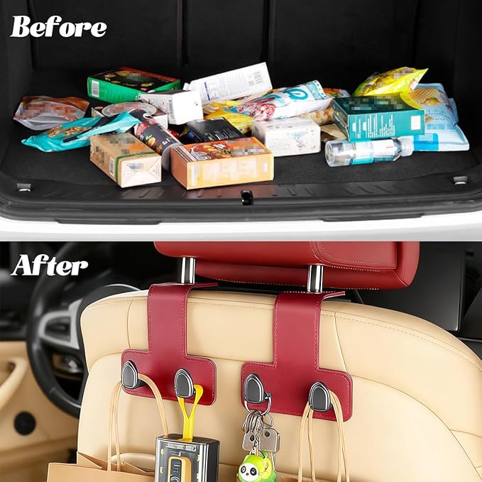 2PCS Car Headrest Hook, Dual Hook Leather Vehicle Back Seat Storage Organizer for Handbag Purse Hat, Multifunction Automotive Seat Back Hanger Holder, Universal for Most Vehicles (Wine Red)