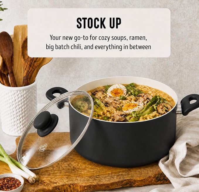 GreenLife 5 Quart Nonstick Stock Pot with Lid, Non-Toxic Ceramic Pot, Dishwasher Safe, Induction Ready, Fast Heating, Stay-Cool Handles, Kitchen Casserole, Soup, Pasta, Easy Clean, Graphite Black