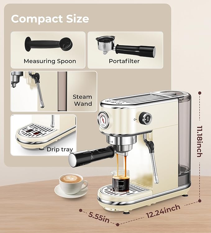 20 Bar Espresso Machine with Milk Frother, Compact Espresso Maker, Stainless Steel Coffee Machine with Precise Temp Control & 44oz Removable Water Tank for Latte, Cappuccino, Creamy White