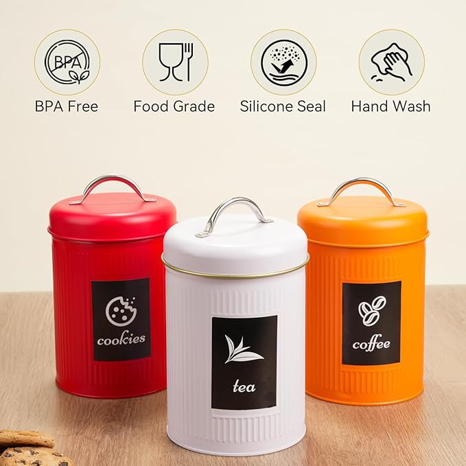 Farmhouse Coffee Canister Storage Container, 42 Oz Vintage Coffee Bean Airtight Jar with Lid, Food Tins with 12 Label Stickers, Kitchen Counter Pantry Organization for Candy Sugar Cookie Tea (Orange)