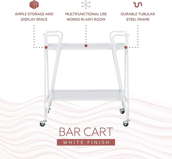 Gina White Mid-Century Bar Cart with Mirrored Shelves and Locking Wheels by Linon