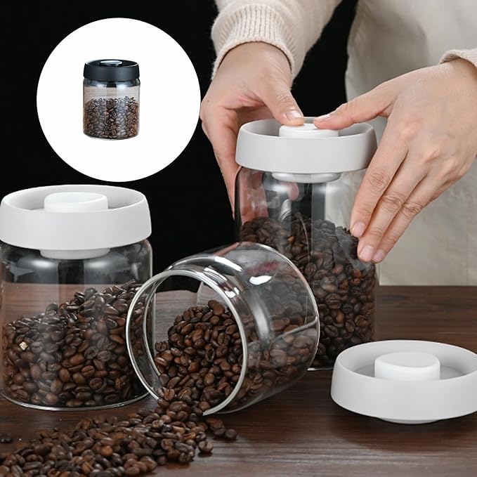 Sealed Glass Coffee Storage Canister Press Vacuum Seal Container for Bean Seasonings Dry Food Vacuum Press Coffee Container with Silicone Seal