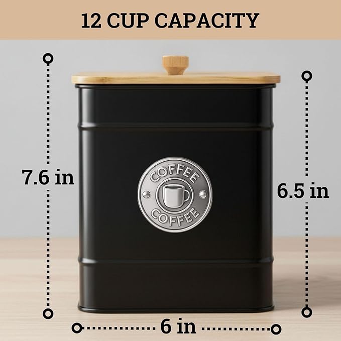 Airtight Coffee Canister - 40 oz Large Iron Black Coffee Container Airtight - 6 x 8 inch Metal Jar - Stylish Countertop Container for Grounds, Beans, Pods & More with Rubber-Lined Bamboo Lid