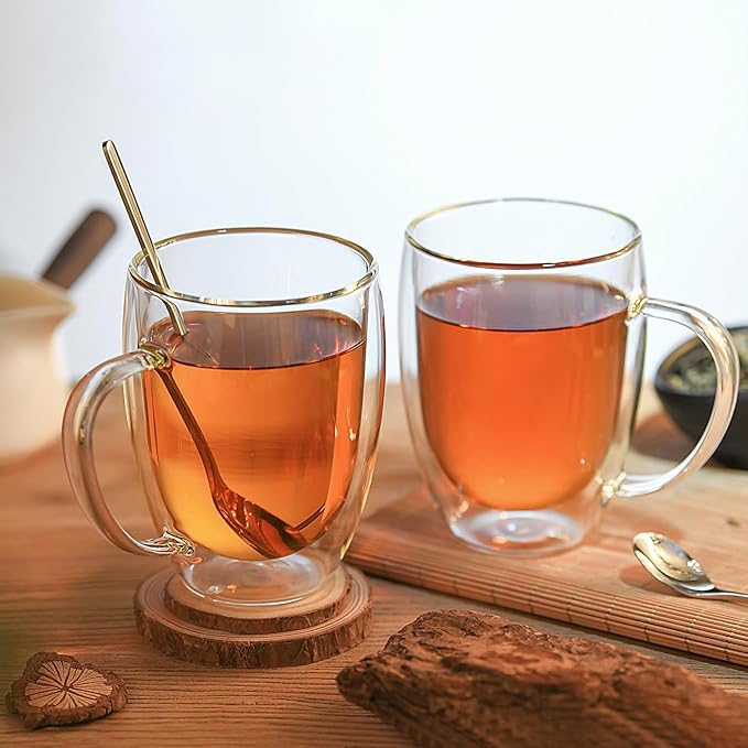 Double Wall Glass Coffee Mugs, 12 Oz Clear Coffee Mugs with Handle, Insulated Glass Coffee Mugs Set of 2, Perfect for Espresso, Cappuccino, Latte, Americano, Tea Bag, Beverage