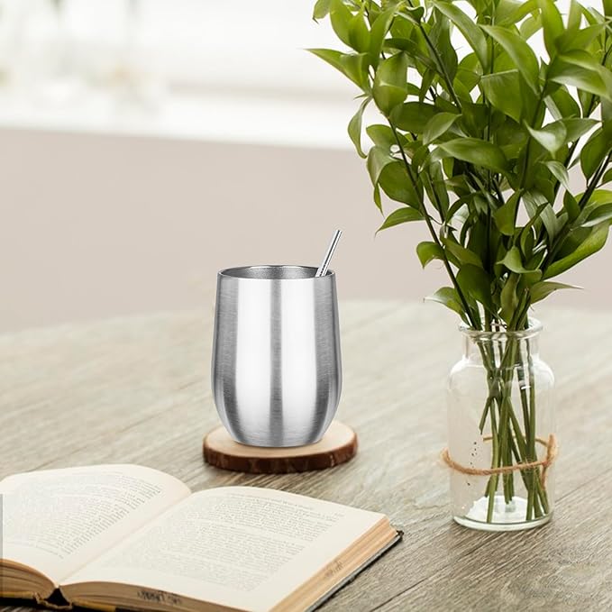 MEZMUT 12oz Insulated Wine Tumbler with Lid Double Wall Vacuum Stainless Steel Wine Glass Coffee Mug Insulated Tumbler Cup for Champaign, Cocktail, Beer (Silver,4 Pack)