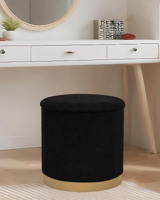 B FSOBEIIALEO Ottoman with Stroage, Round Boucle Storage Ottoman with Gold Plating Base,Foot Rest Stool for Dorm Room, Living Room Black, 16.73"x16.73"x17.72"