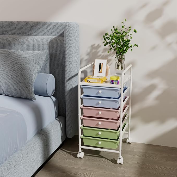 6-Tier Utility Cart with 6 Drawers, Rolling Utility Cart with 2 Lockable Caster Wheels, Multipurpose Mobile Rolling Drawer Cart for Office Bathroom Kitchen, Colorful