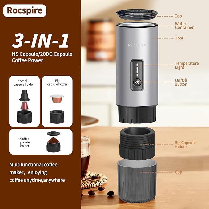 Portable Espresso Maker with Stainless Steel Body | 7500mAh Rechargeable Battery | 20 Bar Self-Heating with USB-C | Works with Most Capsules Compatible for Camping, Travel, Outdoor (Silvery)