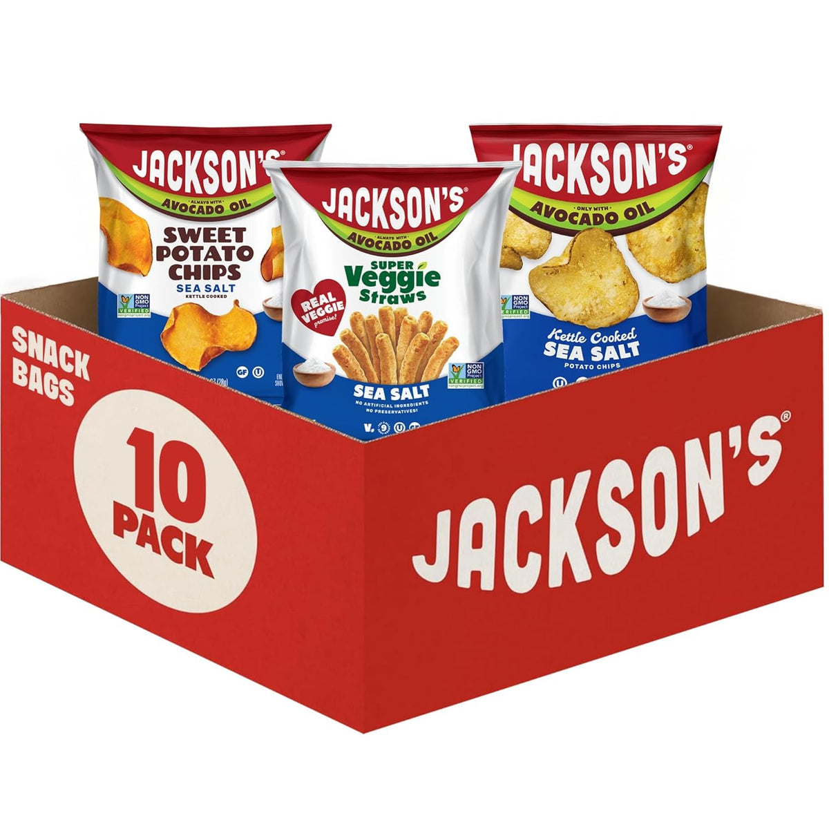 Jackson’s Sweet Potato Kettle Chips with Sea Salt made with Avocado Oil (1.5 oz, Pack of 10) - Allergen-friendly, Gluten Free, Peanut Free, Vegan, Paleo Friendly - Shark Tank Product