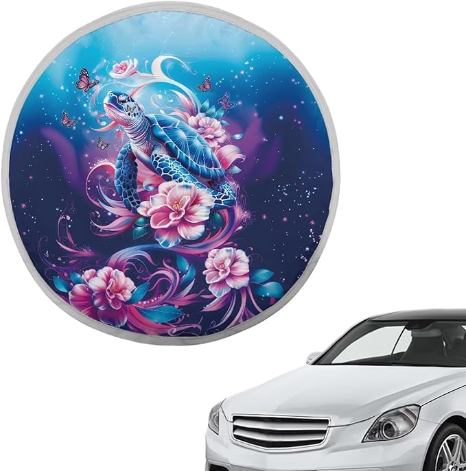 Sea Turtle Steering Wheel Sun Cover 17 Inch Boho Floral Car Rudder Shade Cover for Women Reflective Steering Wheel Cover Sun Block Gift for Friends