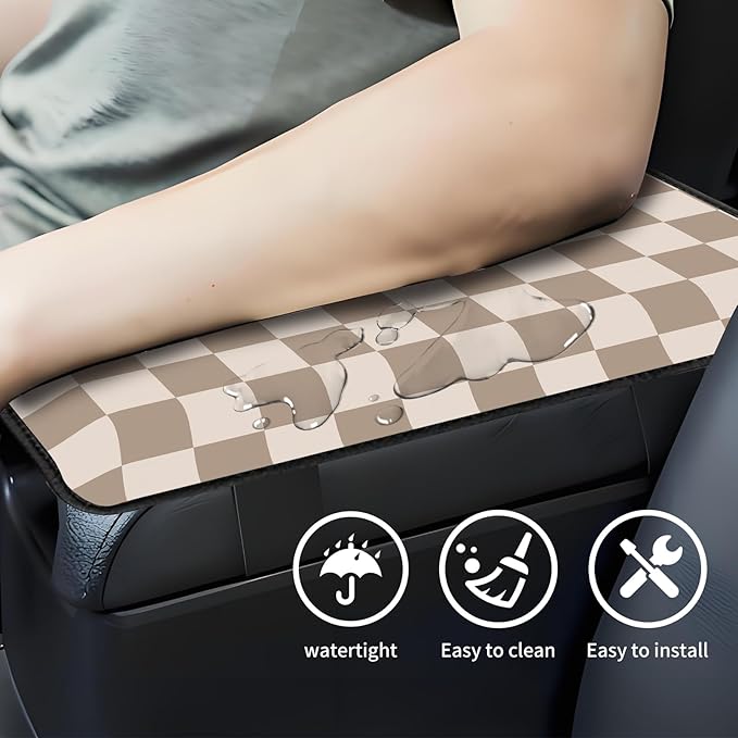 Car Center Console Cover, Universal Soft Large Neoprene Auto Armrest Seat Box Cover, Funny Car Decor Accessories Fit for Most Cars, Vehicles, SUVs Cute Beige Checkered