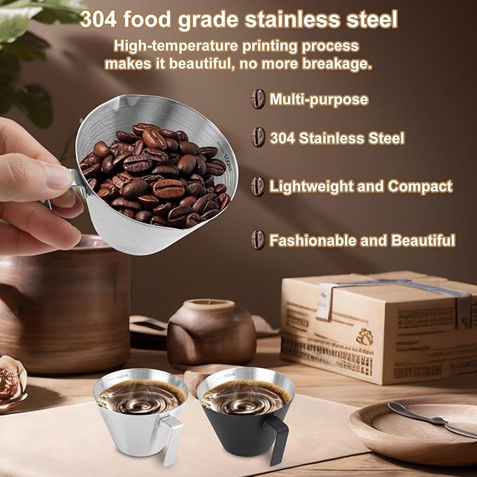 WCHOSOZH 2Pcs Espresso Cups with Handle, 3.4OZ/100ML Espresso Accessories, Stainless Steel Spout Measuring Cup with Scale, Espresso Pouring Cup with V-Shaped Mouth (Double V-Deep Mouth - Silver)