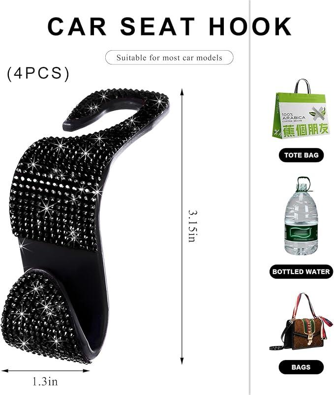 4 PCS Car Seat Headrest Hooks, Bling Crystal Rhinestone Back Seat Hanger Storage Organizer, Sparkly Seatback Holder Hooks for Purse and Bags Universal For Most Vehicles (Black)