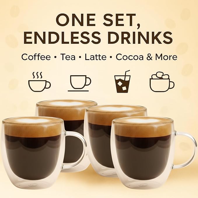 Double Walled Coffee Cups Glasses Mugs 9oz Set of 4 | Heat Resistant Borosilicate Clear Glass Espresso Latte Cappuccino Tea Cups with Handle | Insulated Glass Coffee Mugs Ideal for Gifting