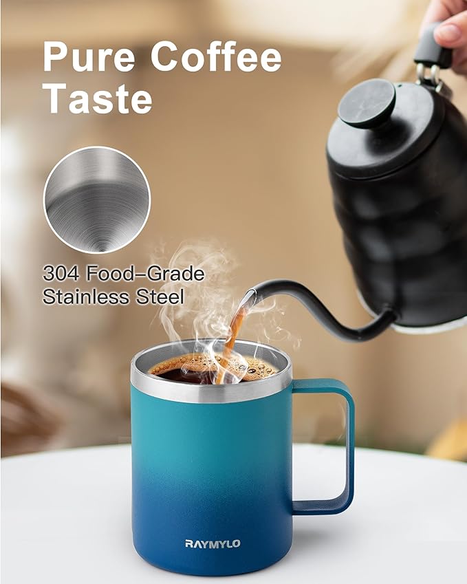 Insulated Coffee Mug 12 oz, Double Wall Stainless Steel Coffee Mug with Lids, Leak-Proof & Detachable Slider Lid for Thorough Clean, Keeps Coffee Cold for 9 Hrs, Suitable for Camp Home Office