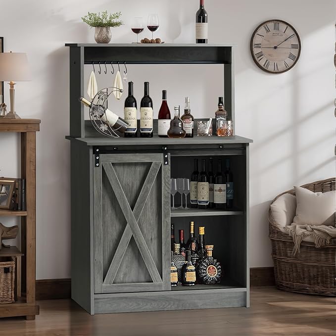 4ever2buy Farmhouse Coffee Bar Cabinet with 6 Hooks, 50'' Kitchen Buffet Hutch Cabinet with Sliding Barn Door, Small Coffee Bar Table with Hutch for Dining Living Room, Wash Gray