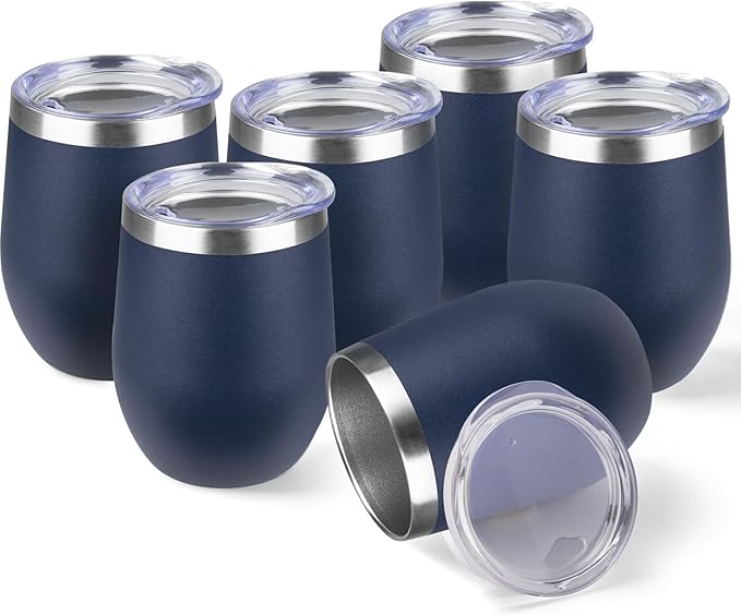 StarSpeed 12oz/6 Pack Wine Tumbler with lid, Stainless Steel Travel Mugs Stemless Double Wall Insulated Coffee Cup, Insulated Wine Glasses Travel Tumbler for Cold & Hot Drinks(Navy Blue, 6)